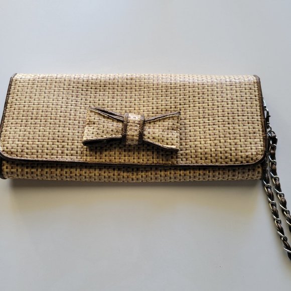 Womens Woven Straw Clutch Purse Beige Neutral Coin Wristlet Wallet Bow Handbag - Picture 6 of 6